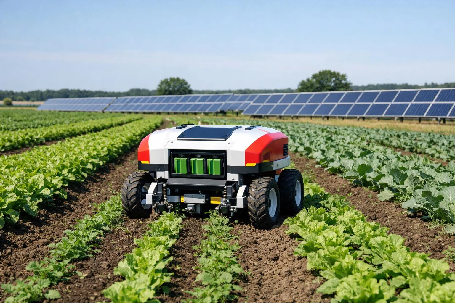 Robot agricole autonome dans un champ de légumes sous panneaux solaires.
