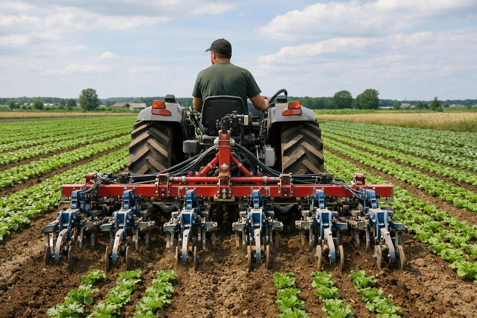 Tracteur agricole labourant un champ de légumes verts.