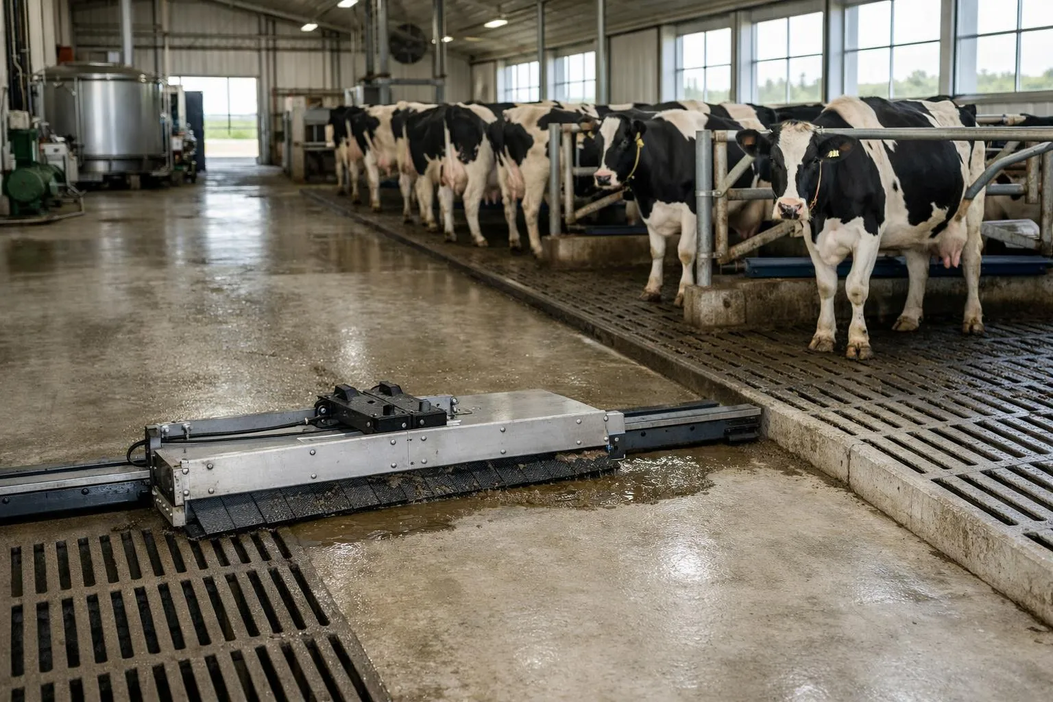 Troupeau de vaches laitières dans une étable avec équipement mécanique.