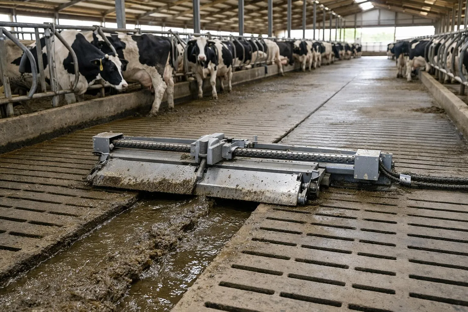 Étable de vaches laitières avec équipement automatisé.