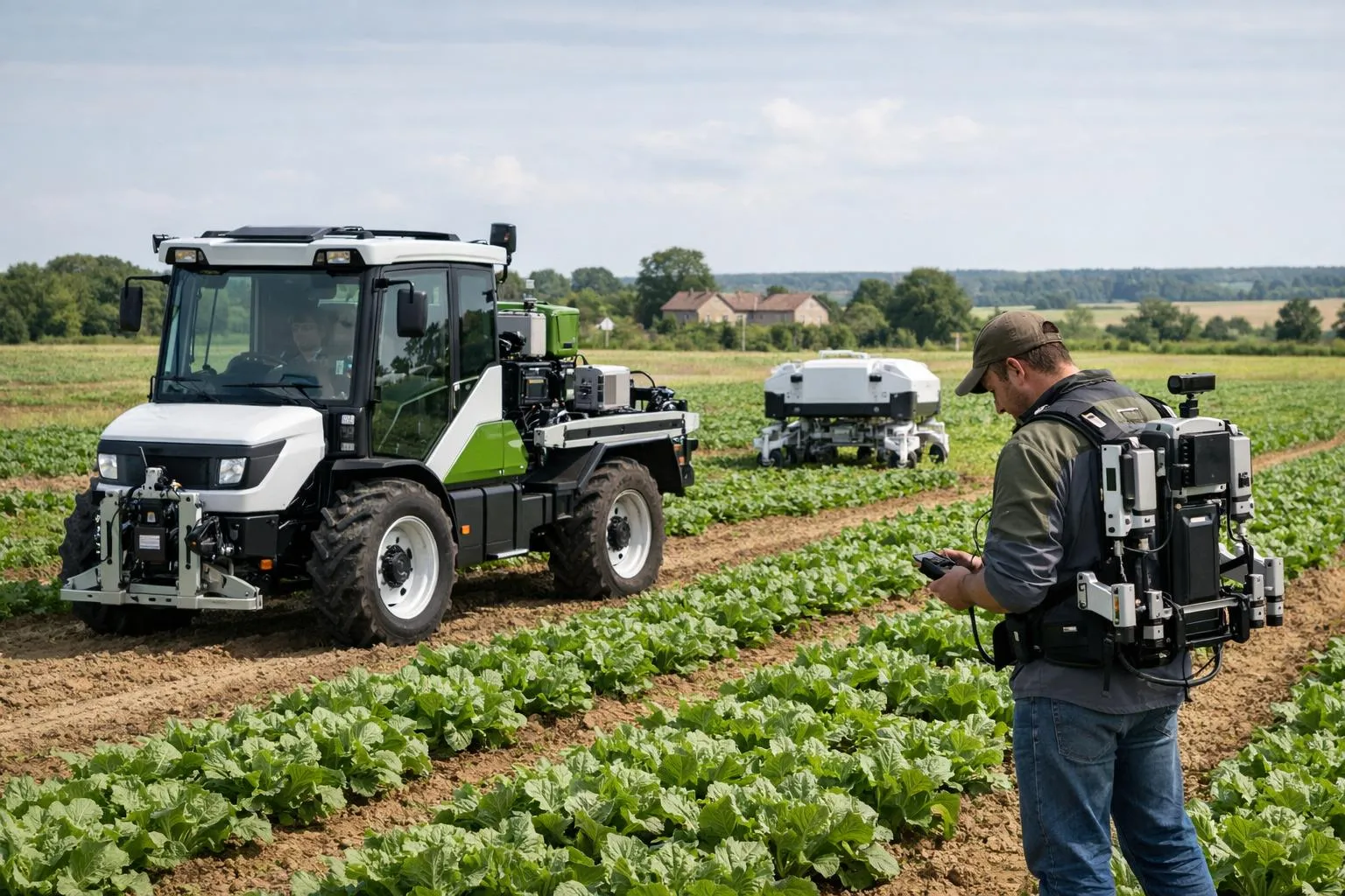 Tracteur vert dans un champ de laitue, avec un homme utilisant un équipement de surveillance.