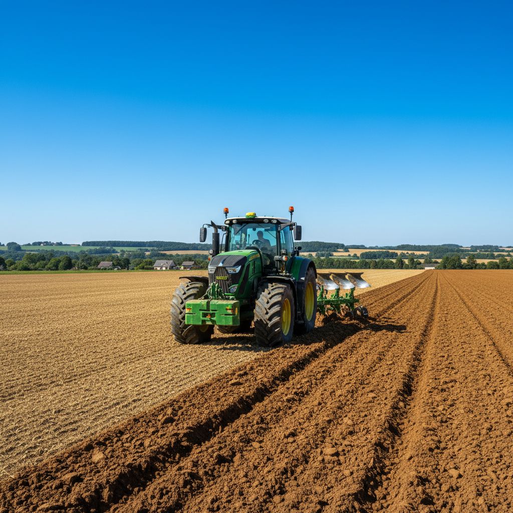 Un tracteur agricole moderne labourant un champ en Mayenne sous un ciel clair, symbolisant l