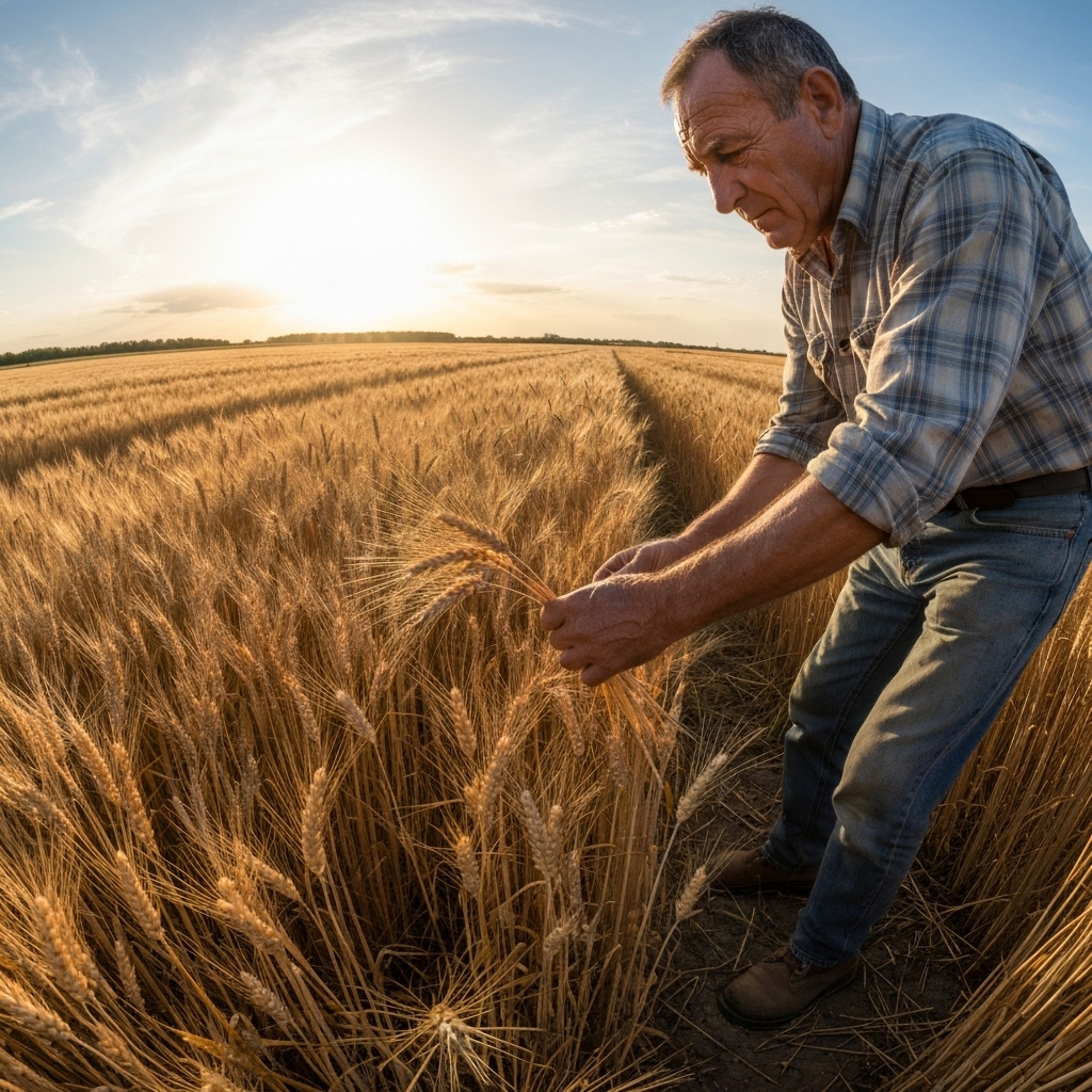 Farmer inspecting a used tractor closely in a field, looking at the engine details