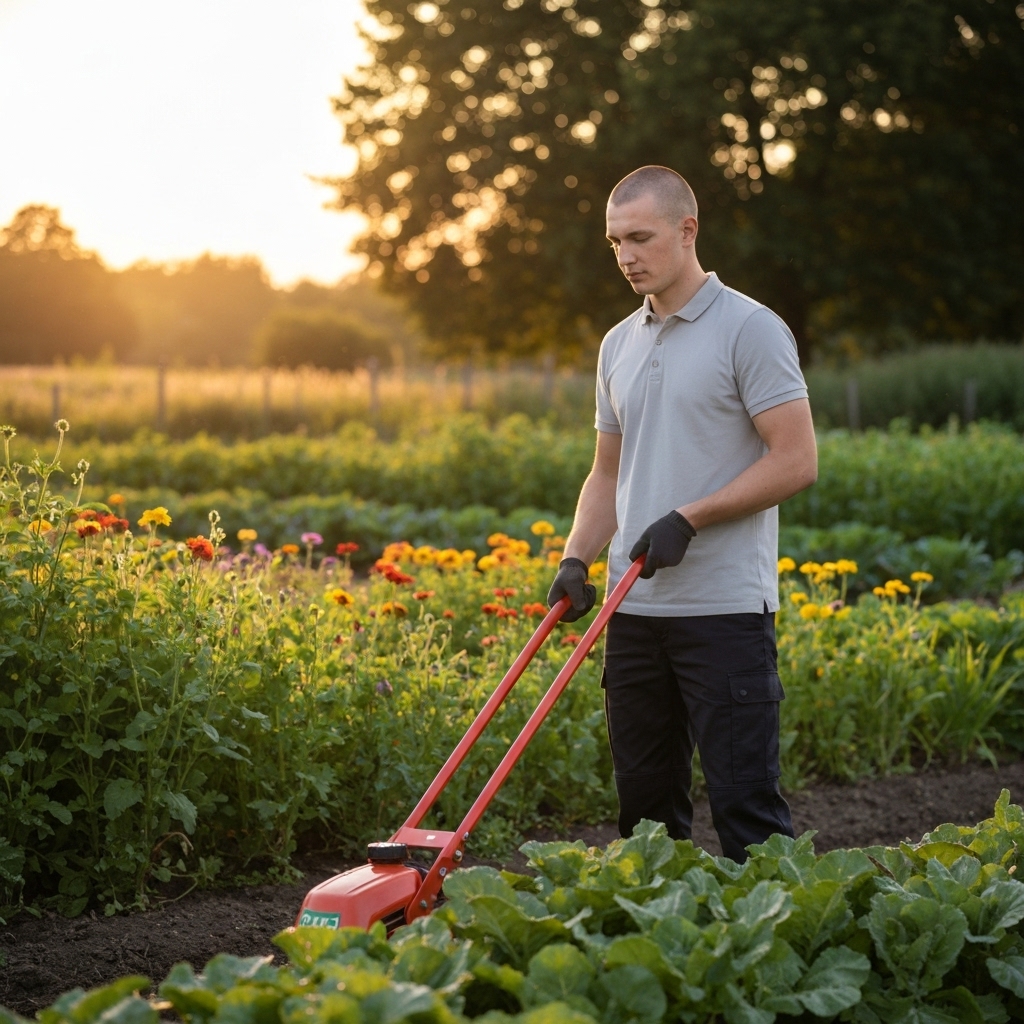 Ingénieurs agricoles discutant avec un agriculteur devant un prototype de machine agricole dans un champ au coucher du soleil