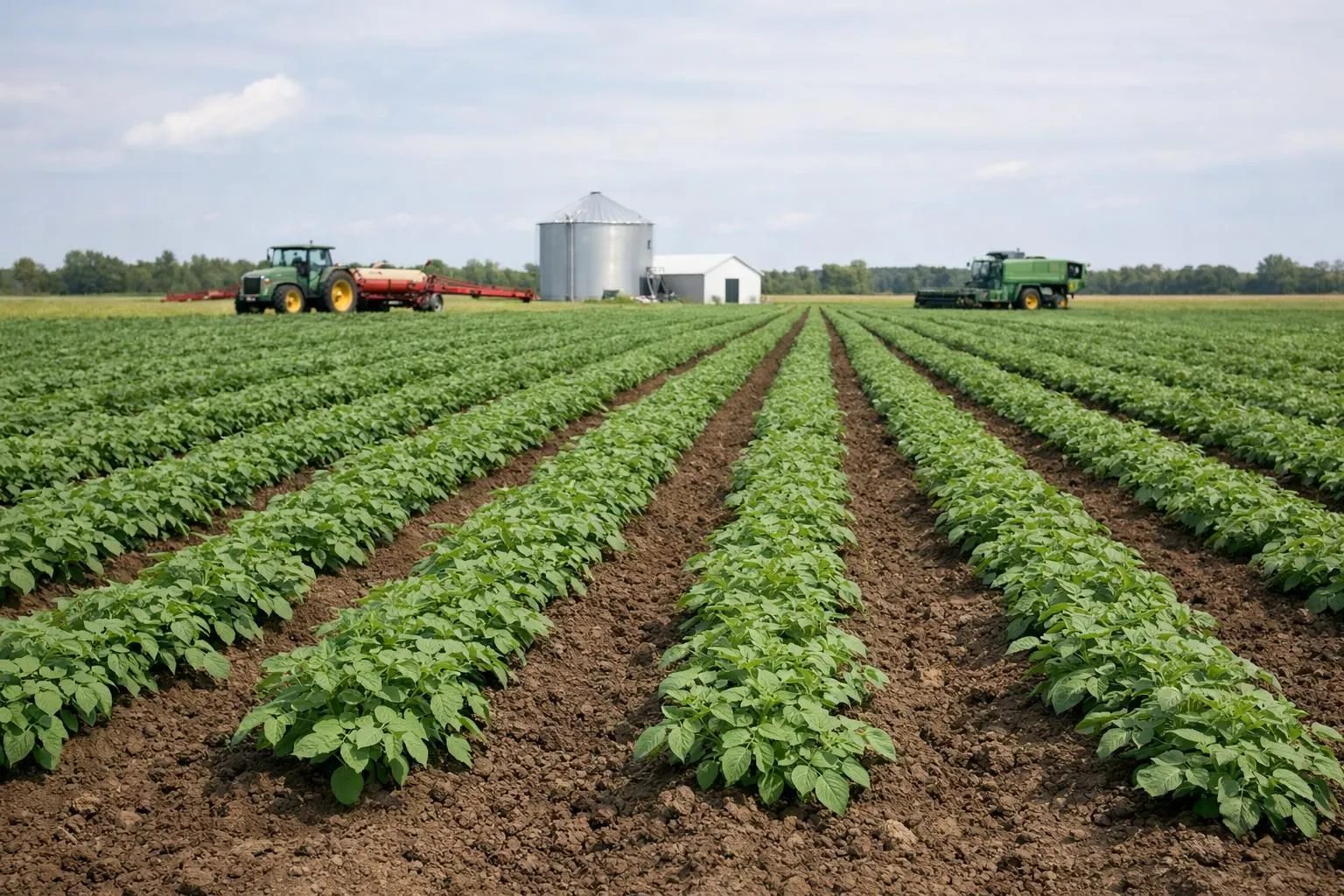 Wide agricultural field with healthy green crops in clean rows, showing rich brown soil between lines, bright daylight, sustainable farming concept without chemical products, professional agricultural equipment visible in distance, environmental protection landscape