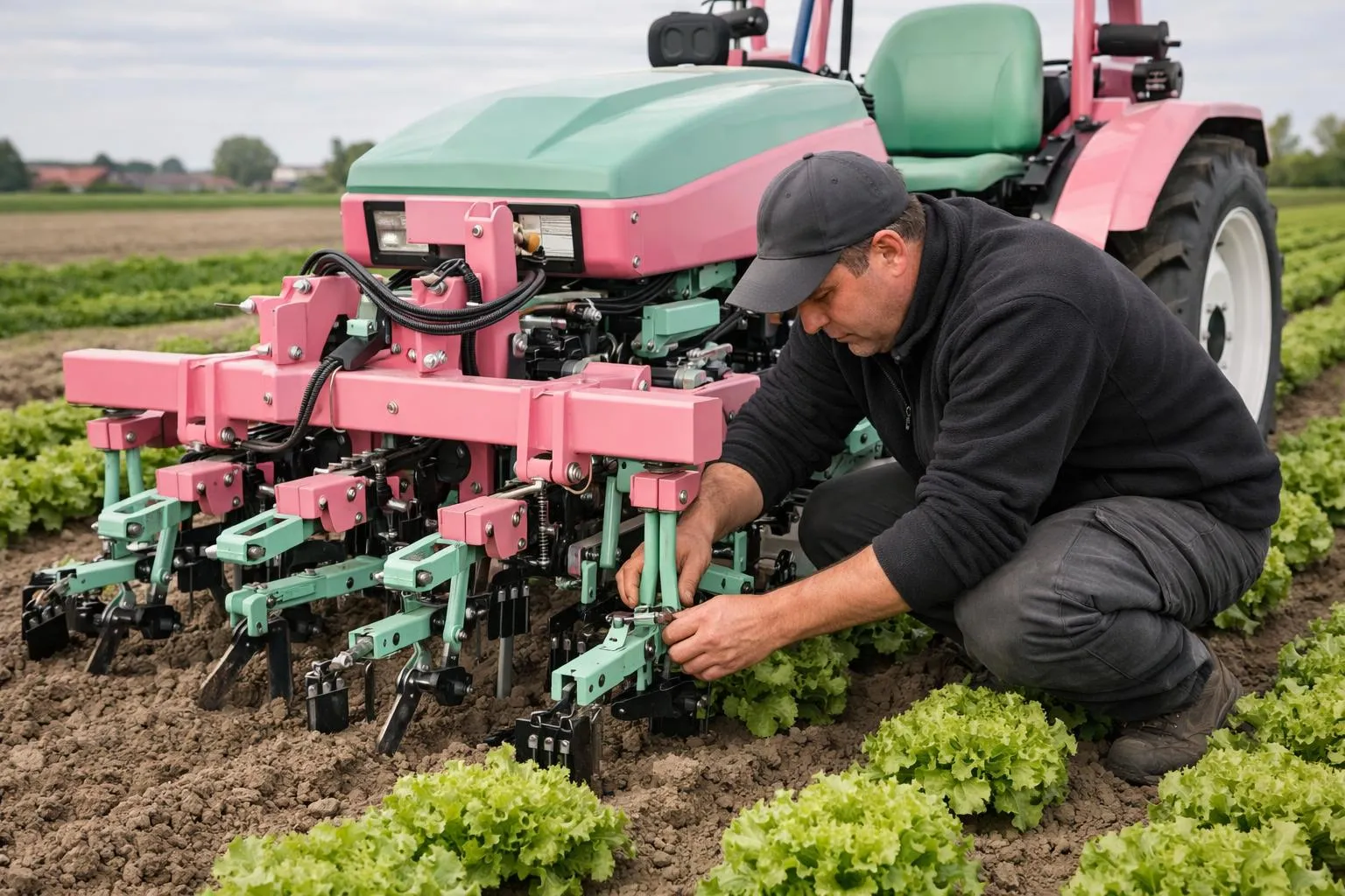 Compact agricultural cultivator working in rows of young vegetable plants in Northern France market garden, operator adjusting precision weeding attachments between lettuce rows under overcast sky, realistic farm equipment photography with focus on mechanical precision and soil contact