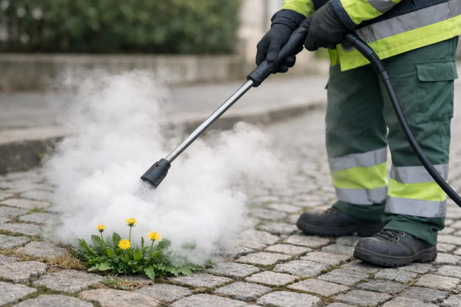 Municipal worker operating a steam weeding machine on a cobblestone street, close-up on nozzle releasing white vapor over young dandelion weeds between stones, realistic daytime lighting, no text or labels visible