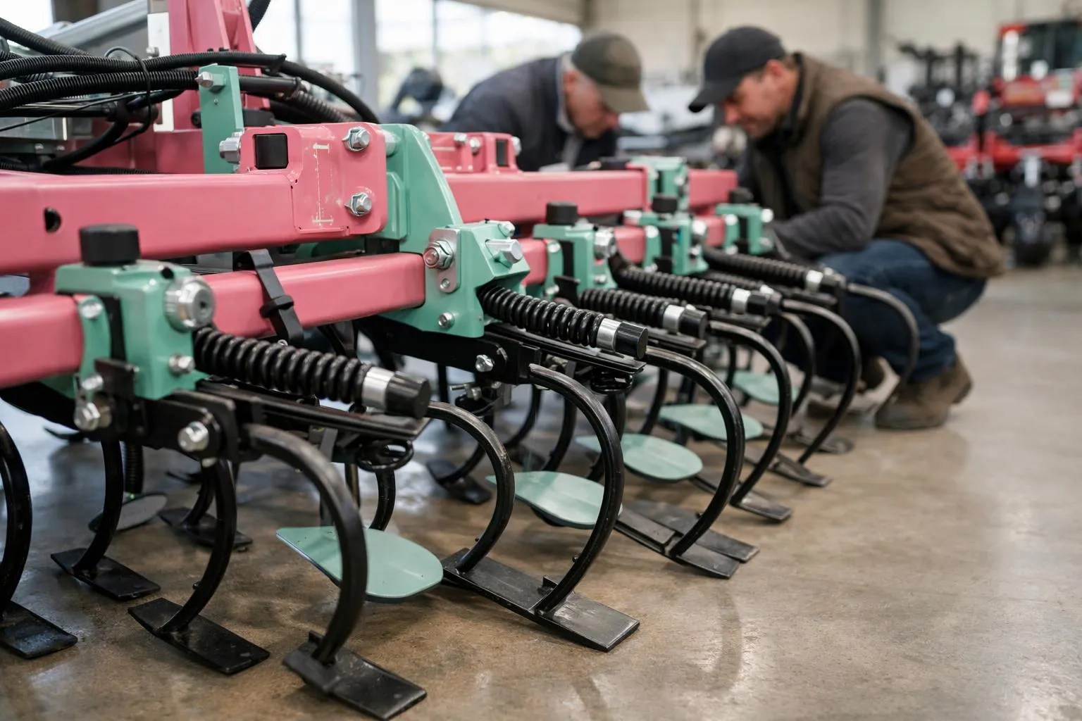 Modern vibrating-tine mechanical weeder displayed in an agricultural equipment showroom with visible metal construction, multiple rows of curved tines, adjustable frame, guidance system components, and professional farmers examining the machine details, natural industrial lighting, documentary style photography