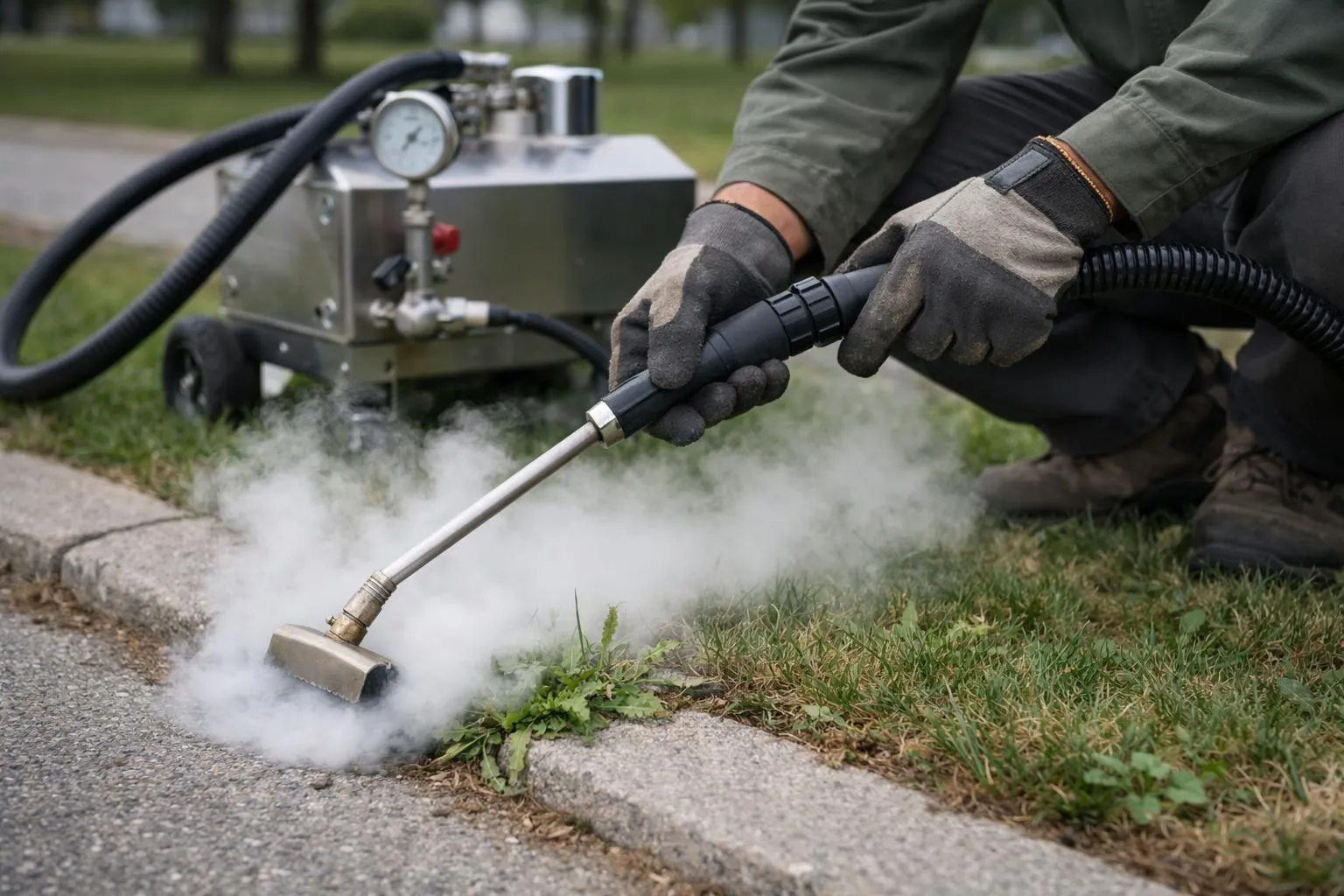 Professional agricultural worker using a steam weeding kit with vapor nozzle on weeds in urban pavement, close-up of steam generator equipment with pressure gauge and hose, modern eco-friendly weed control machinery in action on municipal green space
