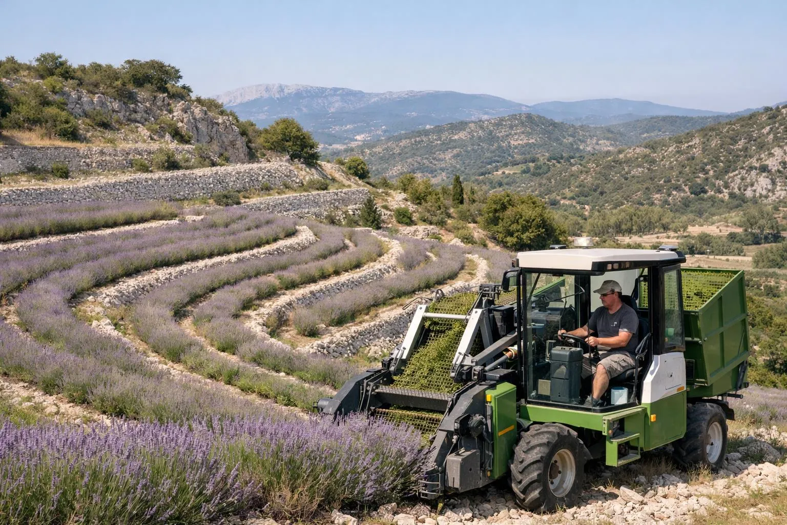 Agricultural harvesting machine operating on sloped lavender fields in Haute-Provence with terraced hillsides and characteristic limestone soil, specialized equipment adapted to steep terrain and dry Mediterranean climate