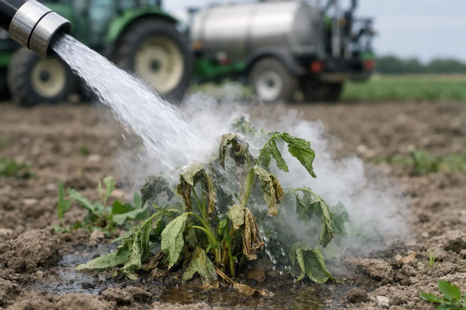 Close-up photographic scene showing hot water stream impacting weed leaves and stems in an agricultural field, with visible thermal effect causing wilting of plant tissue, agricultural machinery visible in background, professional farming context, natural daylight, realistic documentary style