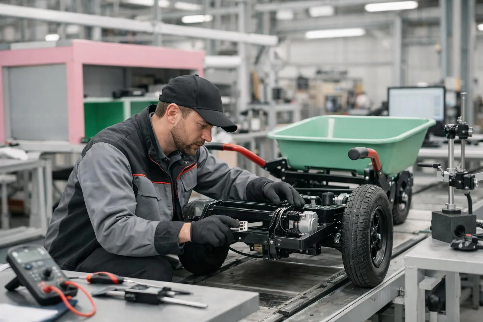 Workshop scene showing technical engineer inspecting an electric wheelbarrow chassis on an assembly line, with measurement instruments and quality control equipment visible, industrial manufacturing environment with metal frame construction and testing stations in background