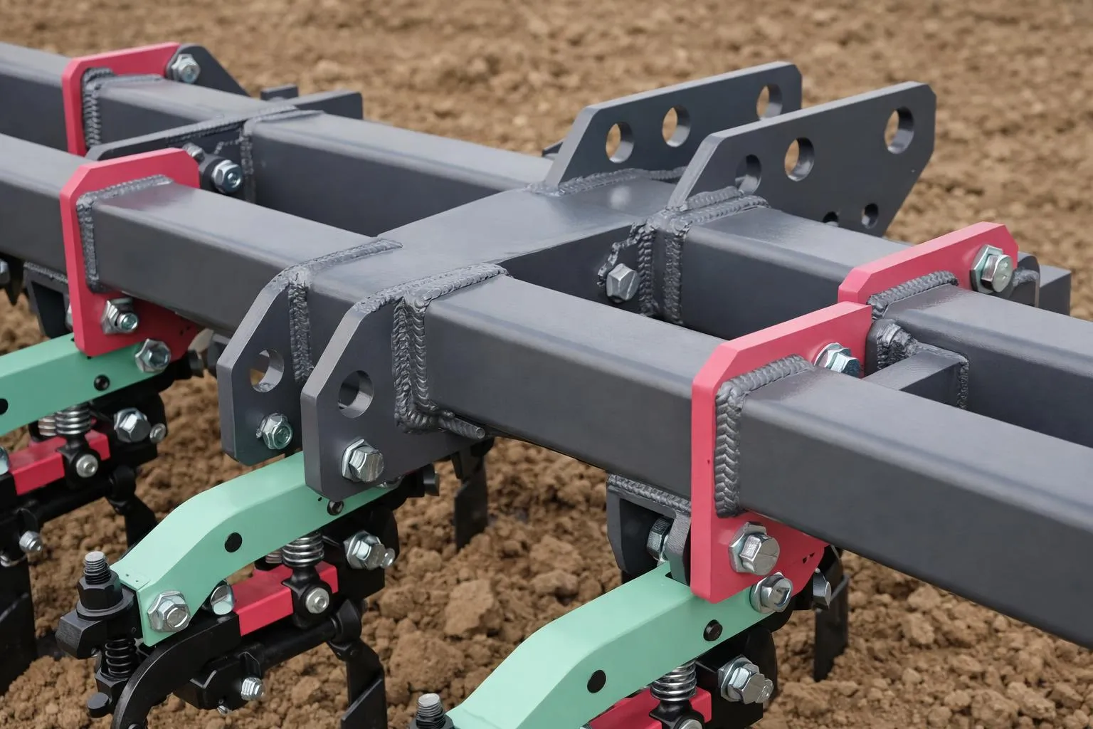 Équipement agricole robuste avec cadre en métal et détails colorés.