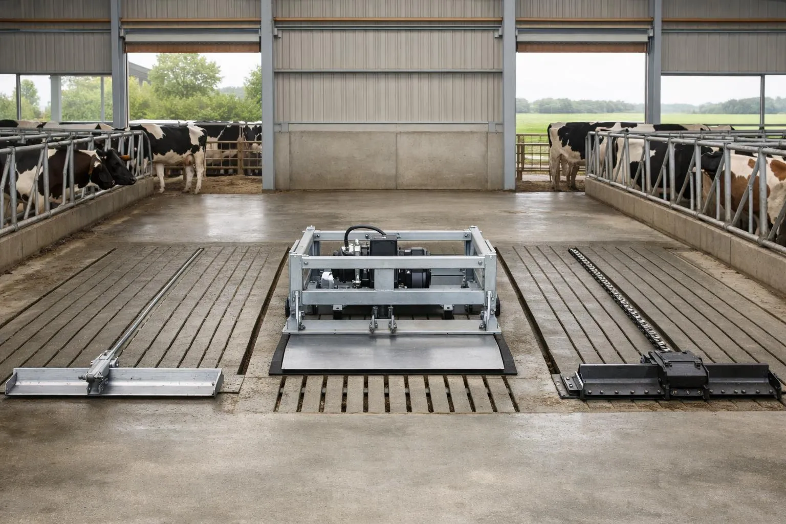 Intérieur d'une étable avec un robot de traite automatisé au premier plan.