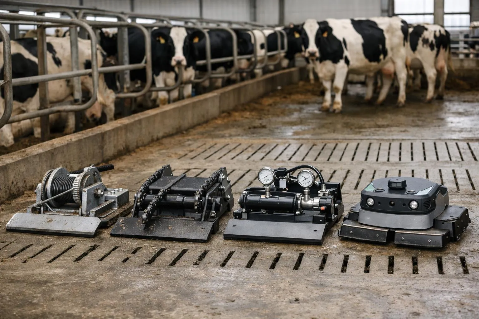 Équipement industriel dans une étable de vaches laitières.