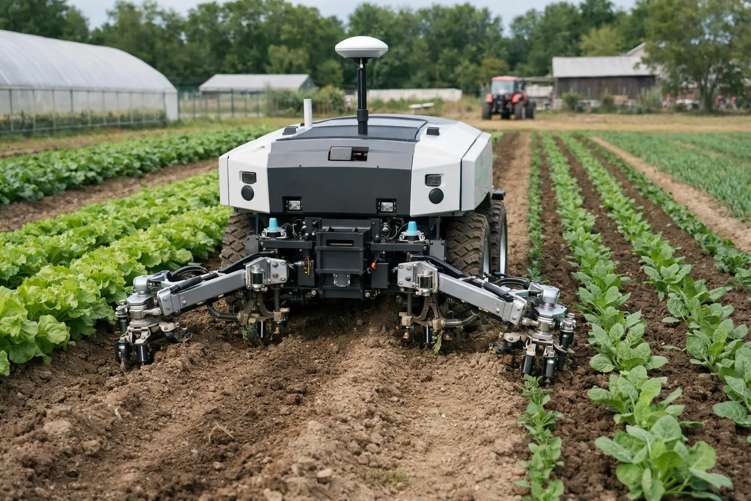Robot agricole autonome dans un champ de laitue.
