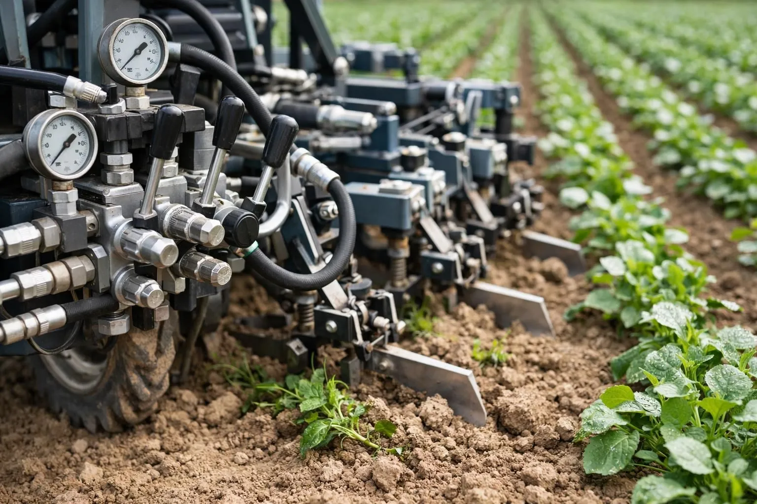 Close-up view of hydraulic weeding equipment showing pressure valves, adjustment levers and intercep tools working between crop rows on agricultural soil in France