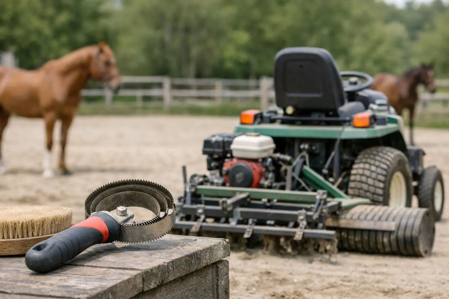 Split view comparison showing a small private stable with basic manual grooming tools on the left and a large professional equestrian center with mechanized maintenance equipment on the right, both with horses visible in background arenas and paddocks under natural daylight