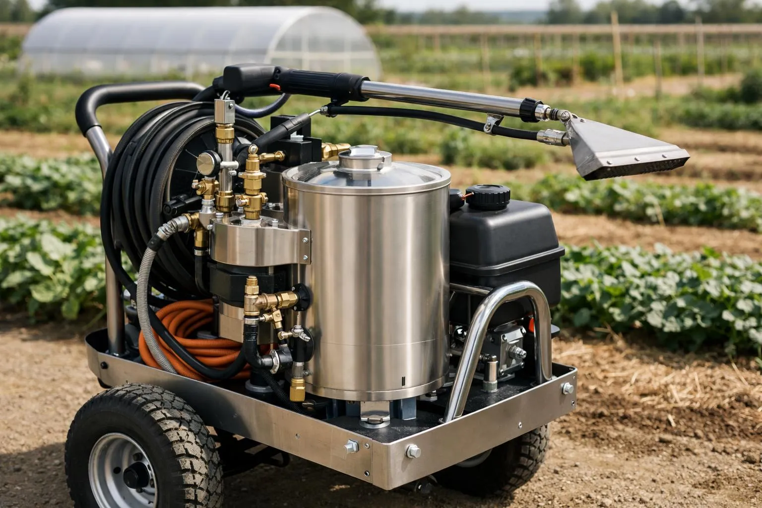 Professionnel agricole inspectant un kit désherbage vapeur moderne installé sur un chariot, avec chaudière visible et lance vapeur près de rangées de cultures maraîchères, environnement agriculture biologique ensoleillé