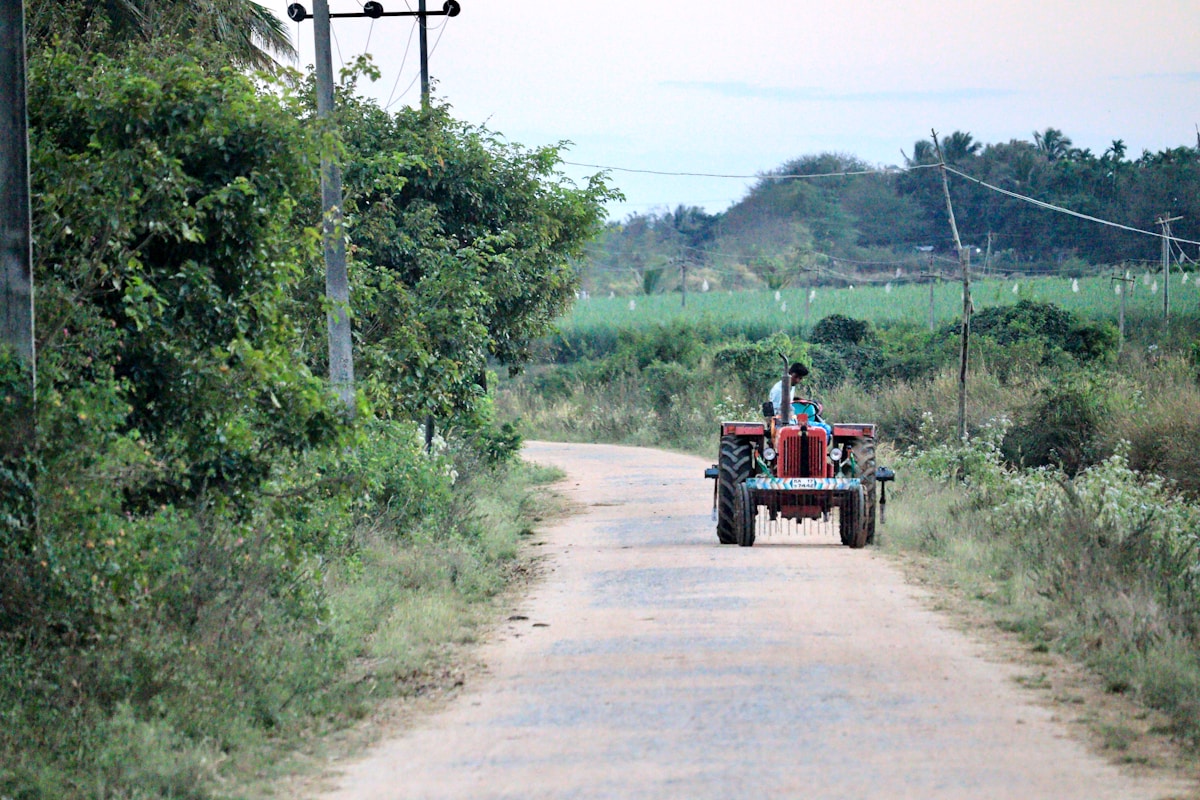 Tracteur rouge sur une route de campagne entourée de végétation.