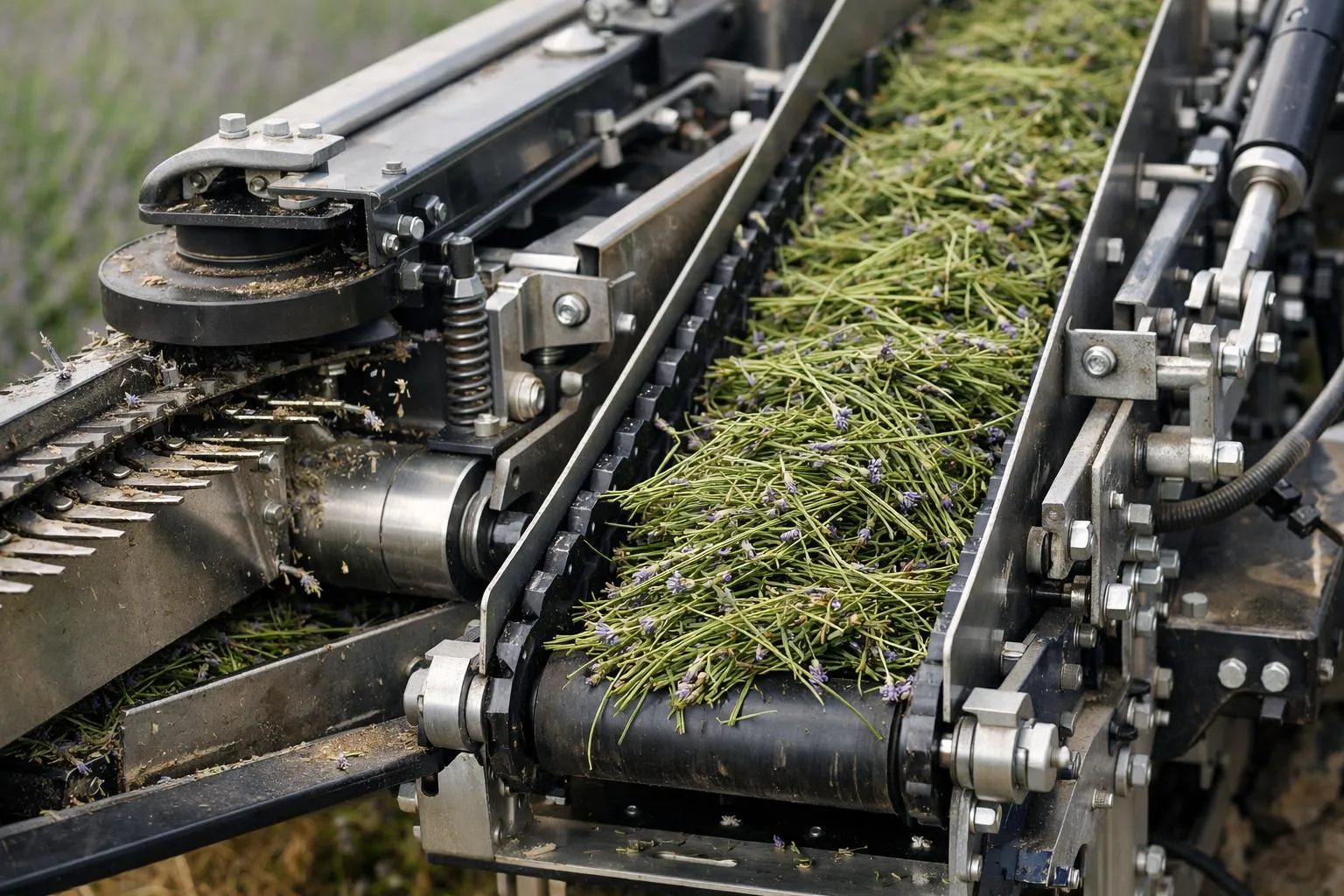 Gros plan sur système de convoyage moderne et mécanisme de coupe d'une récolteuse de lavande en action dans un champ provençal, montrant les composants techniques innovants et les tiges de lavande fraîchement coupées transitant sur le convoyeur réglable