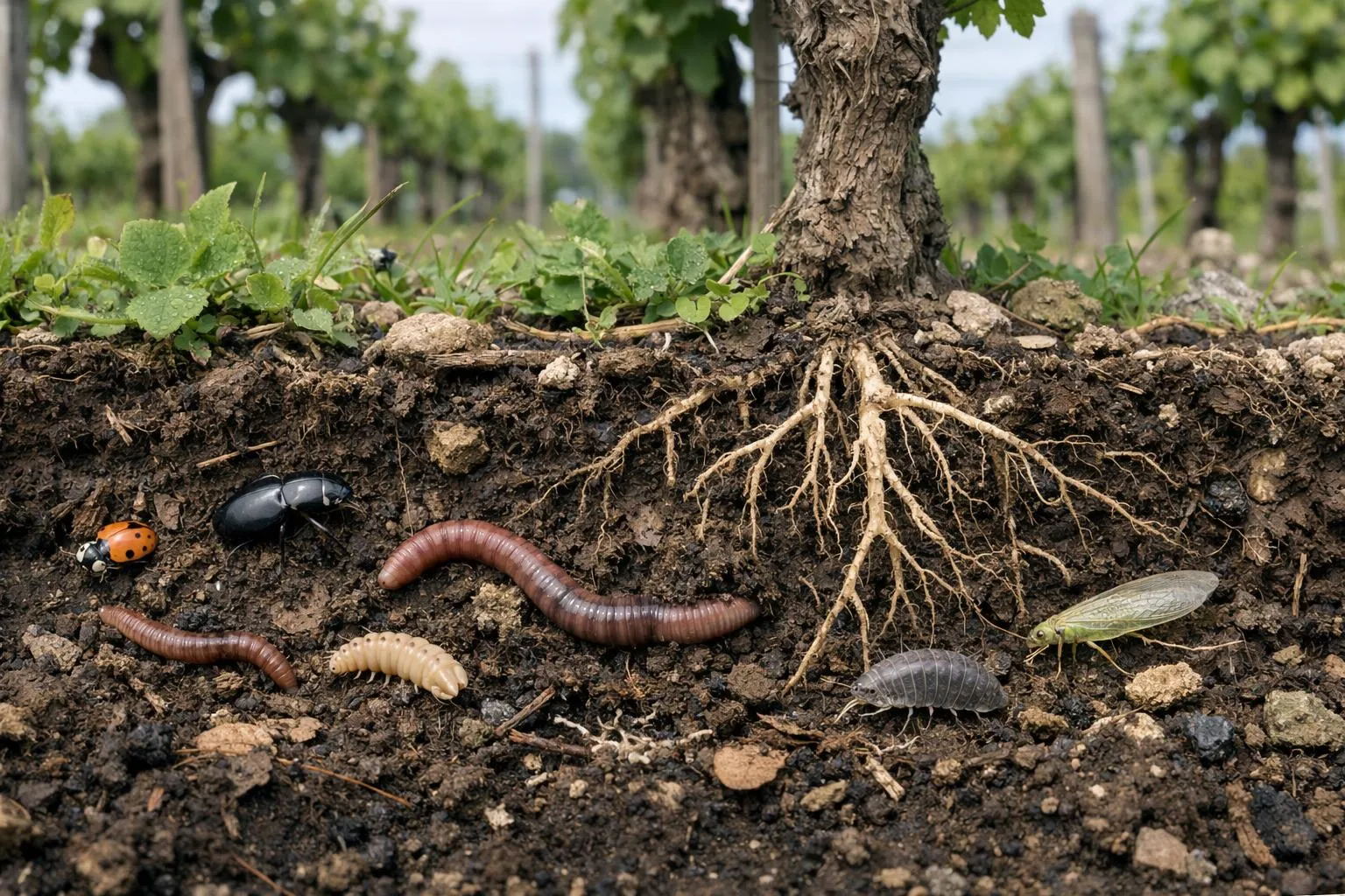 Close-up view of healthy soil with visible earthworms, beneficial insects, and robust root systems in a maintained agricultural plot, demonstrating biodiversity preservation after thermal weeding treatment in a French vineyard setting