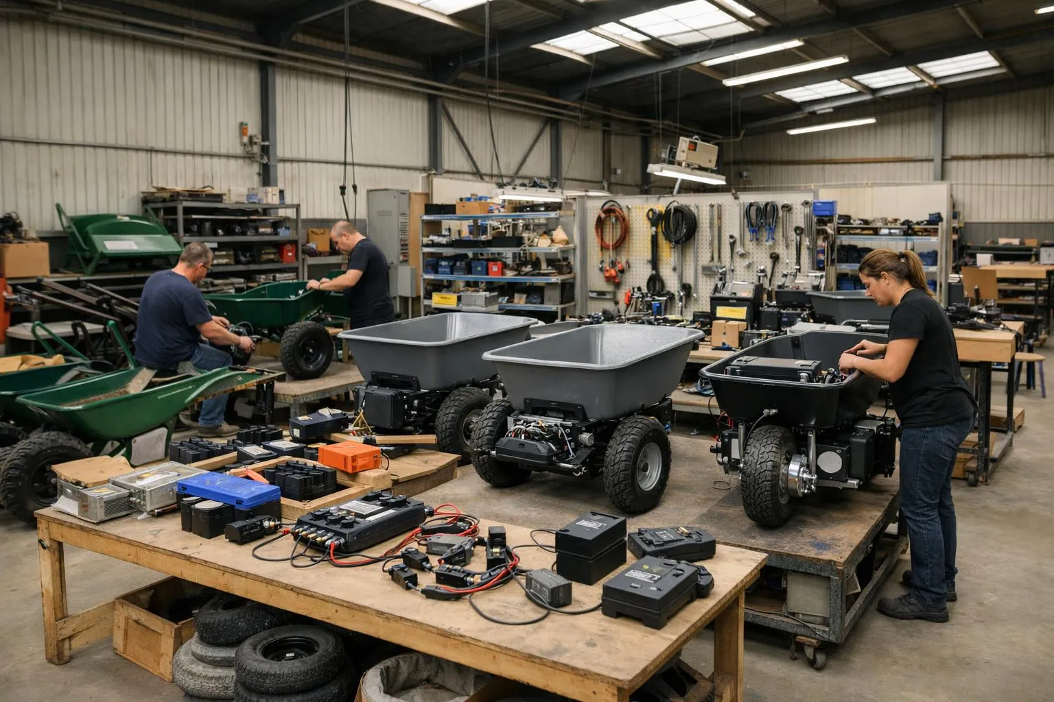 French agricultural machinery workshop showing three distinct manufacturing zones: a traditional metalworking area with vintage wheelbarrows being retrofitted with electric motors, a modern assembly line with specialized electric wheelbarrows being built from scratch, and a quality control station where technicians inspect finished electric-powered garden carts. Natural workshop lighting, industrial setting with visible branding on machinery, focus on manufacturing processes and electric components, no text or labels visible.