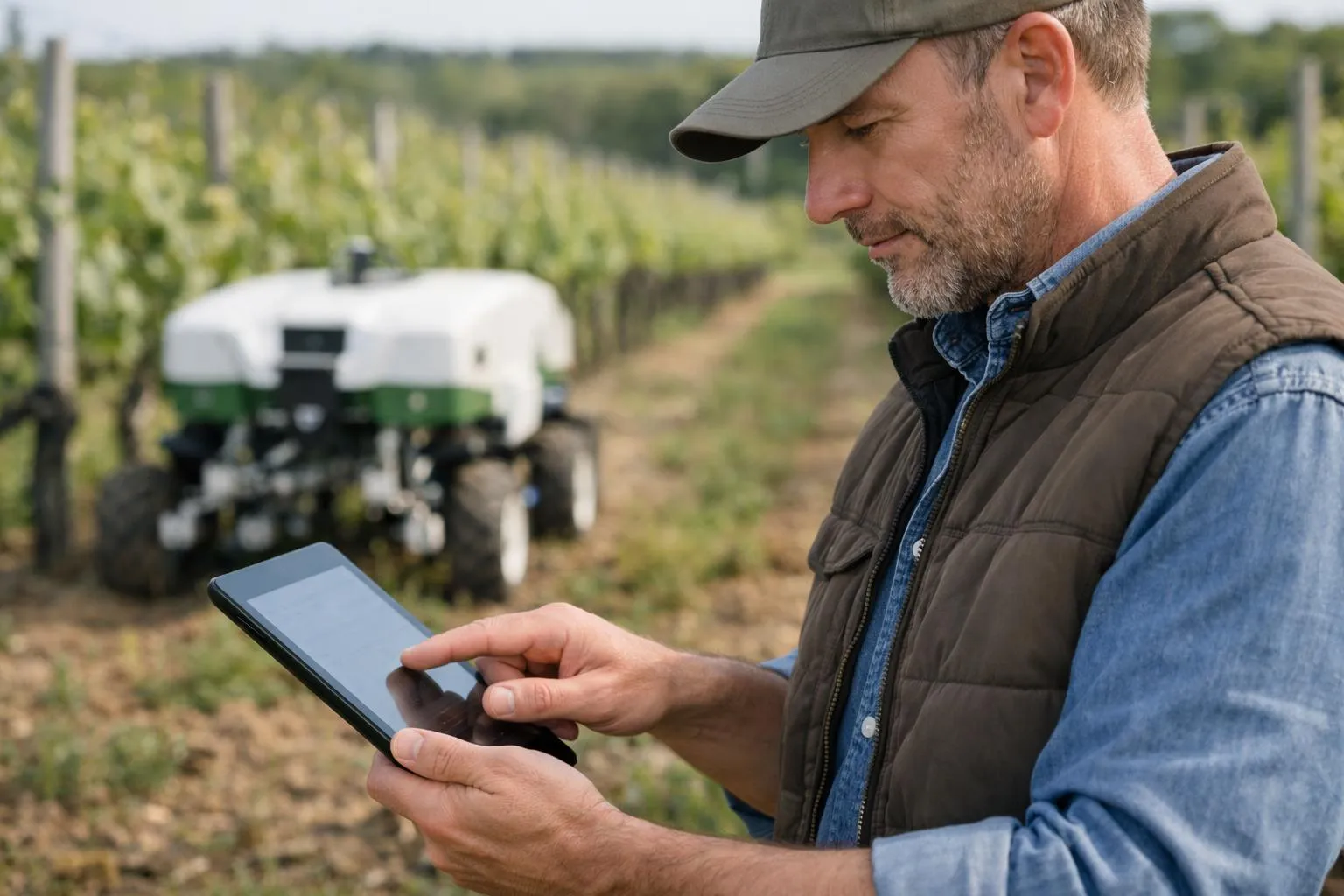 Homme utilisant une tablette numérique sur un champ agricole avec un tracteur.