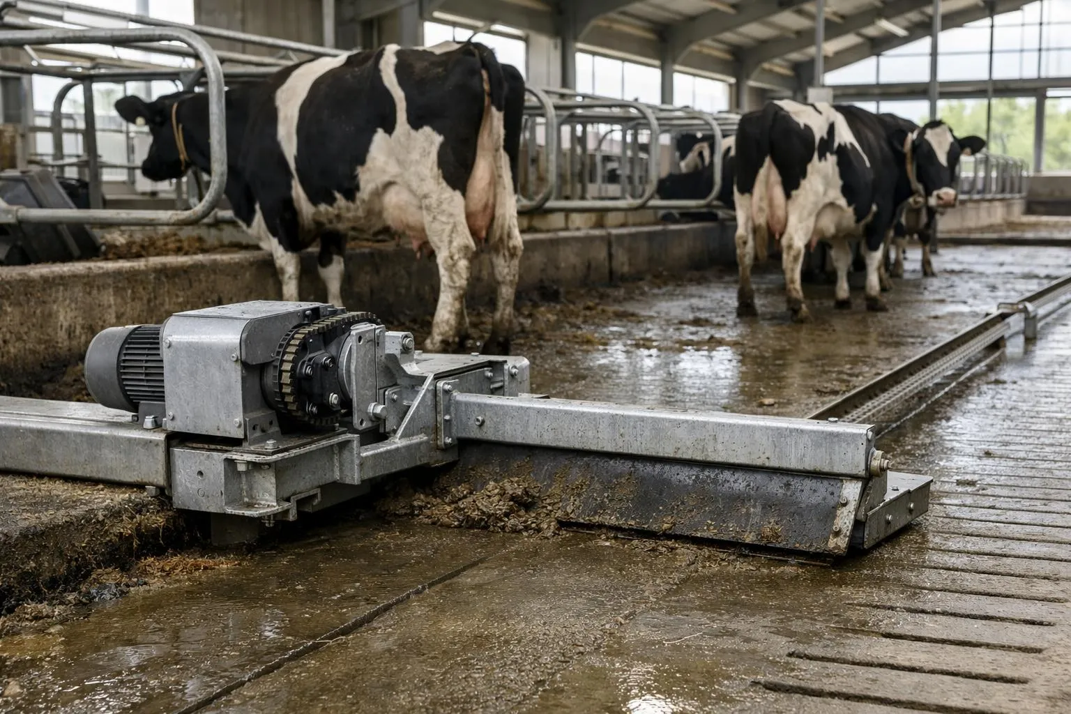 Étable avec vaches laitières et équipement mécanique.
