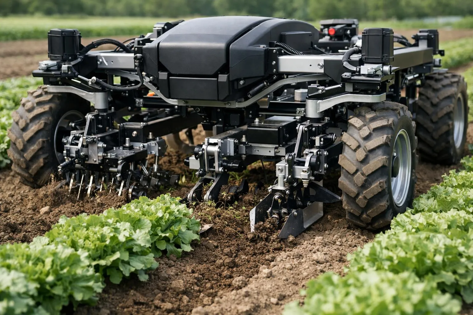Tracteur agricole robuste avec équipement de travail du sol.