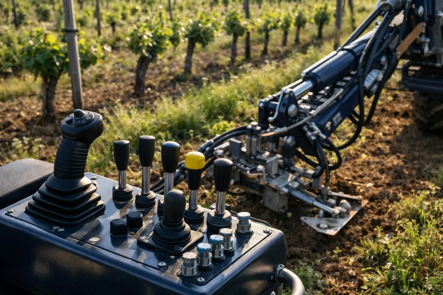 Agricultural worker operating hydraulic weeding equipment between vineyard rows in Occitanie region, with young grapevines visible and controlled weeds on soil, sunny morning light, professional farming scene