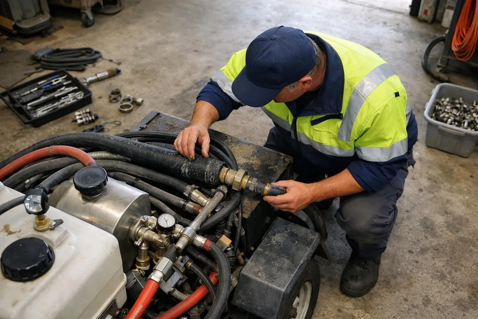Municipal maintenance worker examining steam weeding equipment in depot garage, showing wear on hoses and connections, realistic working environment with tools and spare parts visible, daylight through open door, authentic maintenance scene