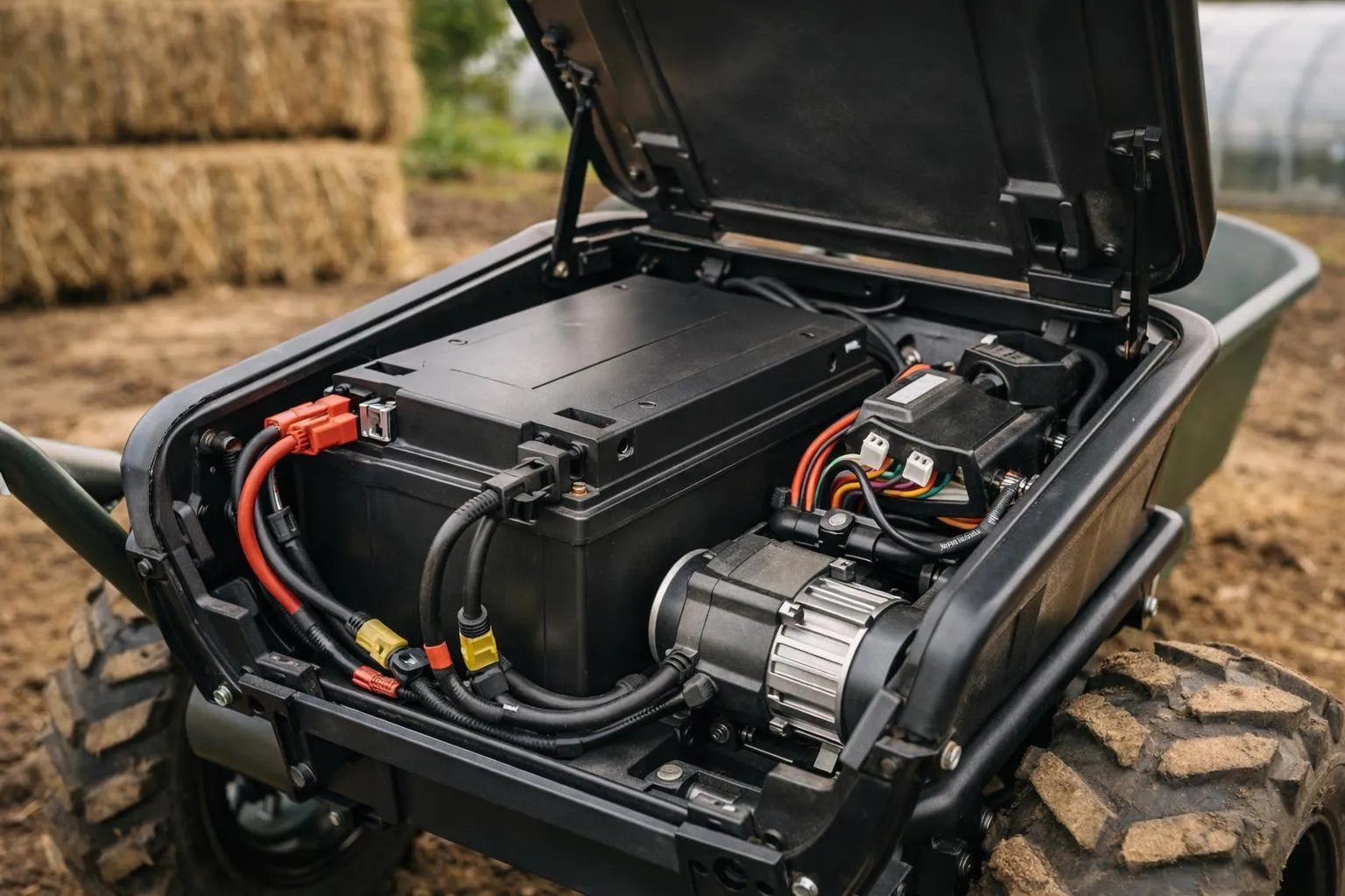 Compartiment ouvert d'un véhicule tout-terrain avec batterie et composants électriques.