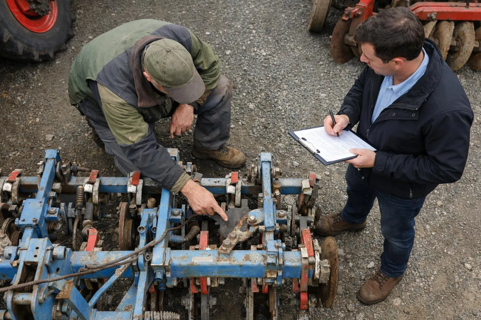 Mécanicien examinant un équipement agricole, inspecteur prenant des notes.
