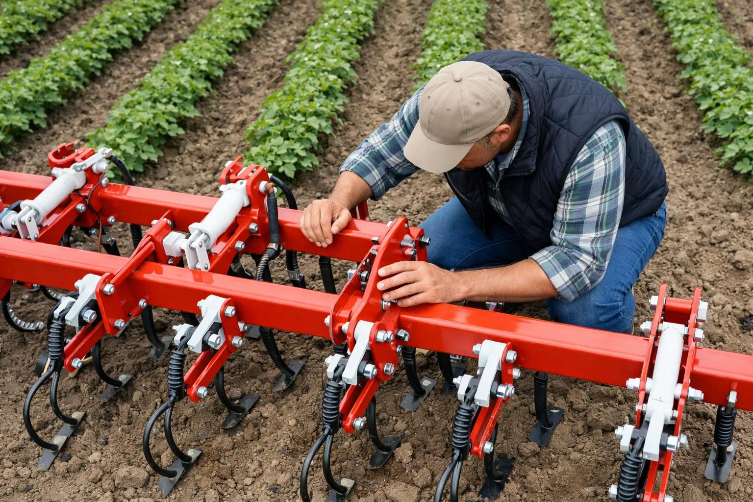 An agricultural professional examining a mechanical vibrating tine weeder in a field, with hands touching the machine frame and visible tines, realistic farm setting with crop rows in background, natural daylight, professional agricultural equipment consultation scene