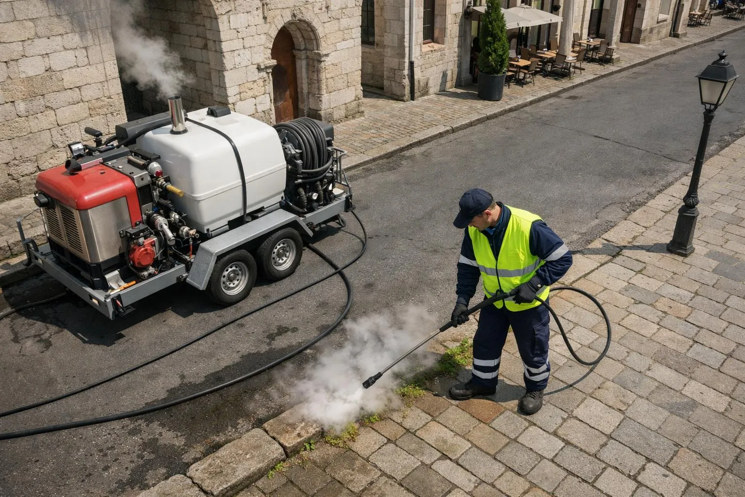Municipal worker in high-visibility vest operating a wheeled hot water weeding machine on a paved sidewalk in a French city, with historical buildings in background, professional equipment with water tank and heating unit visible, midday lighting, realistic style showing practical application of thermal weed control in urban public spaces