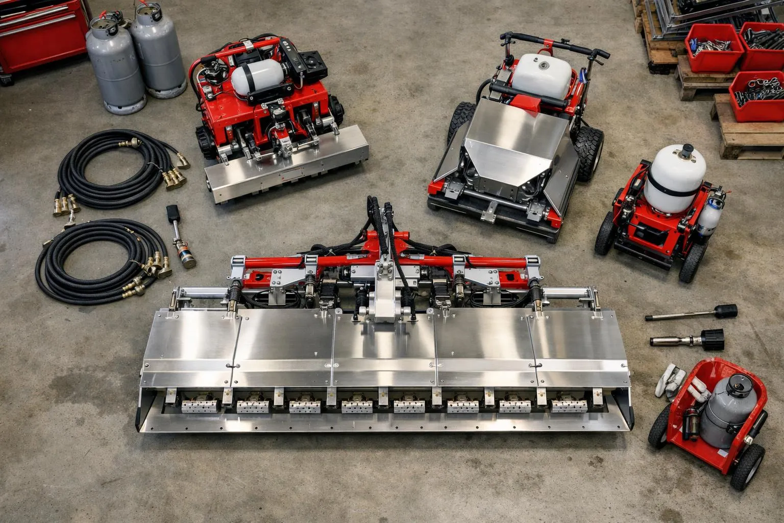 Thermal weeding equipment manufactured by French company in professional workshop, showing robust agricultural machinery with stainless steel components and industrial design, Mediterranean climate-adapted features visible, professional manufacturing environment