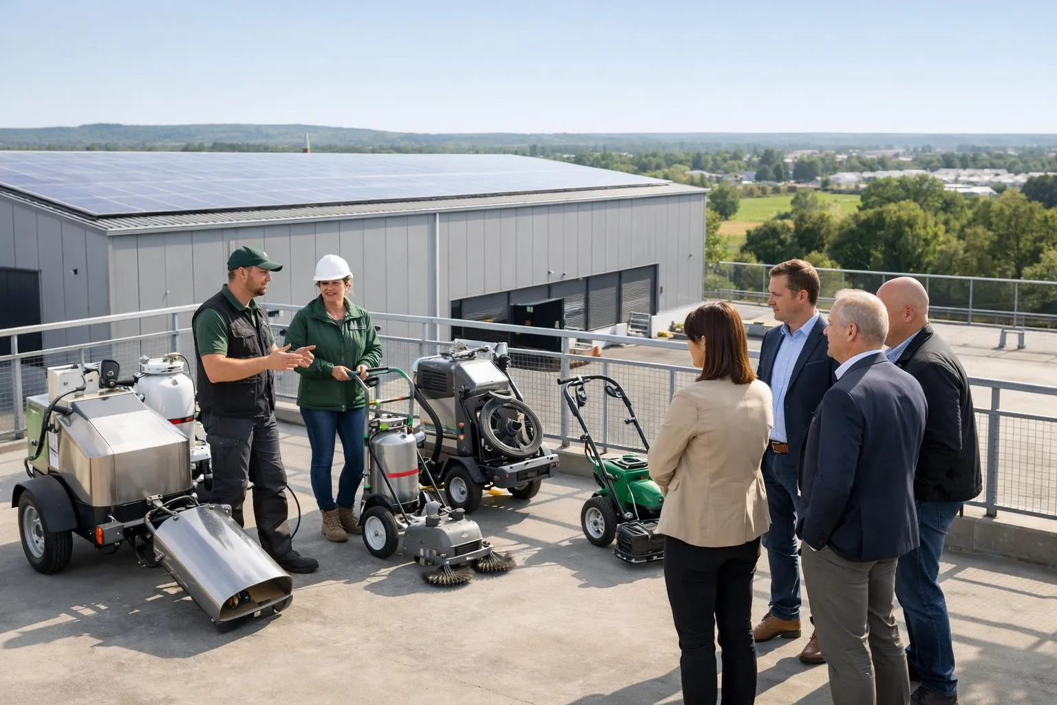 Groupe de personnes examinant des équipements de nettoyage et d'entretien extérieurs.