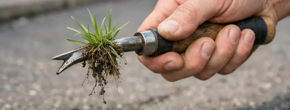 Désherbage écologique urbain, outil manuel pour enlever les mauvaises herbes dans les villes.