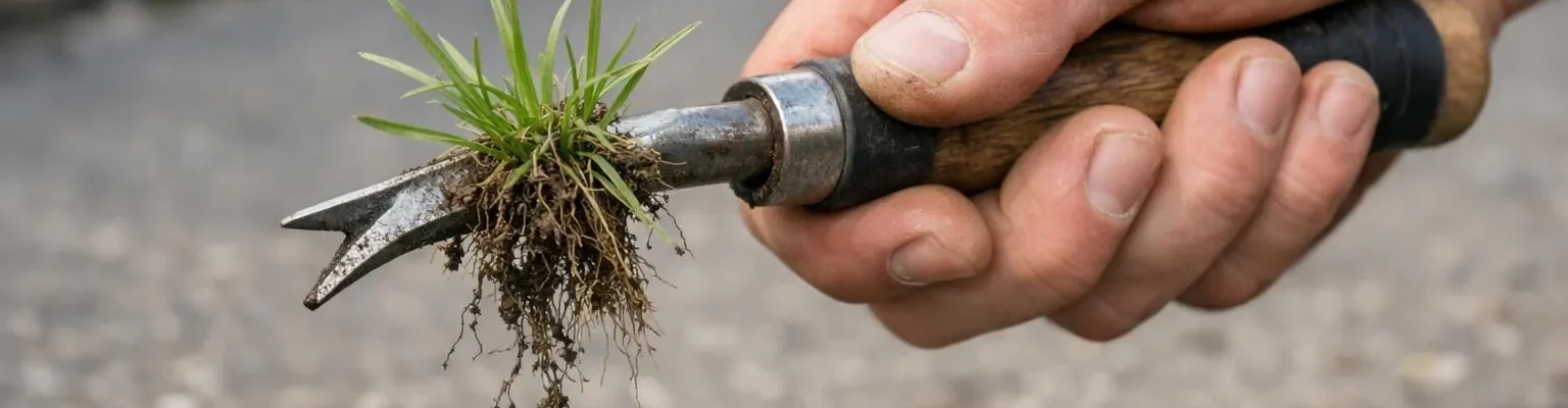 Désherbage écologique urbain, outil manuel pour enlever les mauvaises herbes dans les villes.
