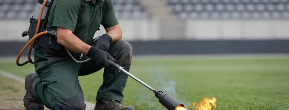 Désherbeuse thermique en action sur un terrain de sport, éliminant les mauvaises herbes avec précision.