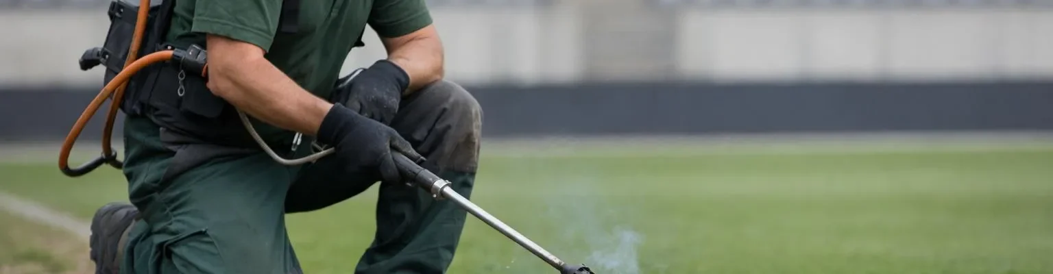 Désherbeuse thermique en action sur un terrain de sport, éliminant les mauvaises herbes avec précision.