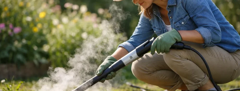 "Femme utilisant un désherbeur vapeur pour jardin sans mauvaises herbes"