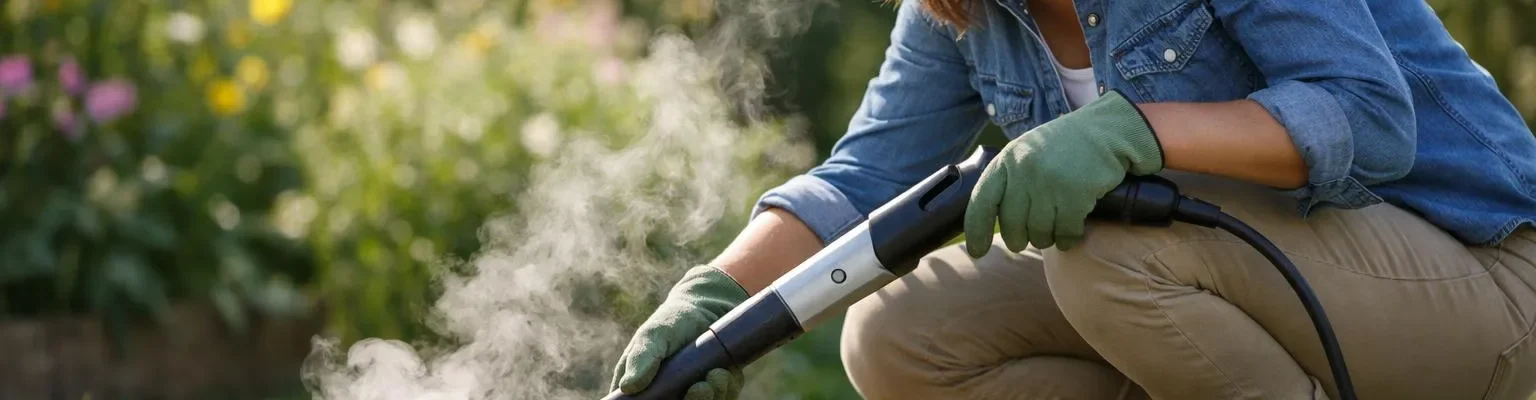"Femme utilisant un désherbeur vapeur pour jardin sans mauvaises herbes"