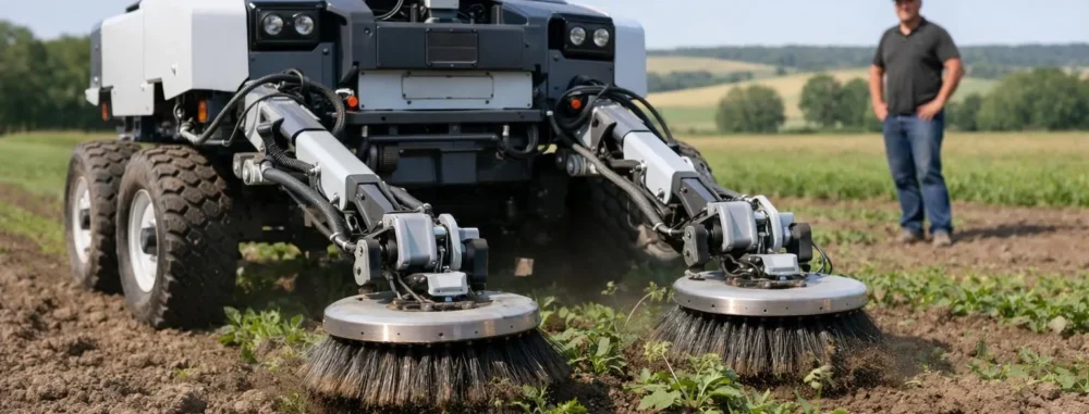 "Robot de désherbage autonome en action dans un champ, avec un agriculteur observant à distance"