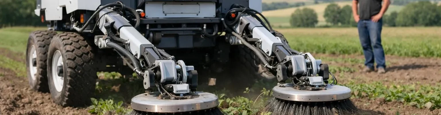"Robot de désherbage autonome en action dans un champ, avec un agriculteur observant à distance"