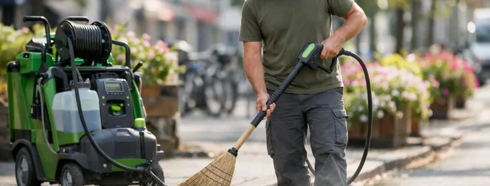 Équipement pour entretien voirie zéro phyto : agent d'entretien avec balai et nettoyeur haute pression