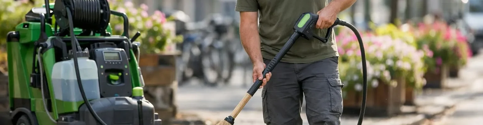Équipement pour entretien voirie zéro phyto : agent d'entretien avec balai et nettoyeur haute pression
