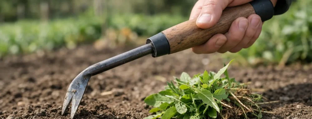 Outil de désherbage manuel avec mauvaises herbes arrachées dans jardin arboricole.
