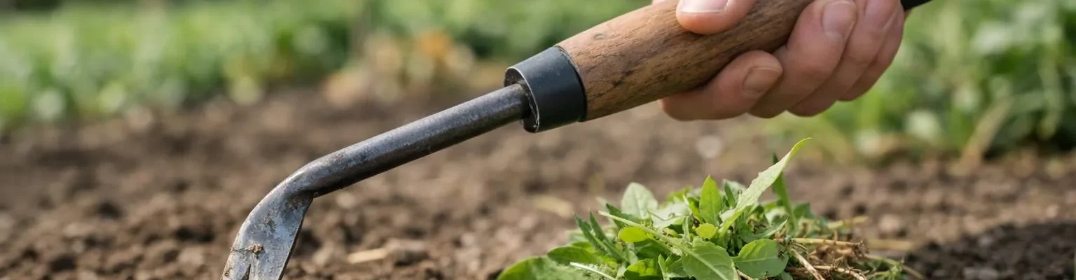 Outil de désherbage manuel avec mauvaises herbes arrachées dans jardin arboricole.